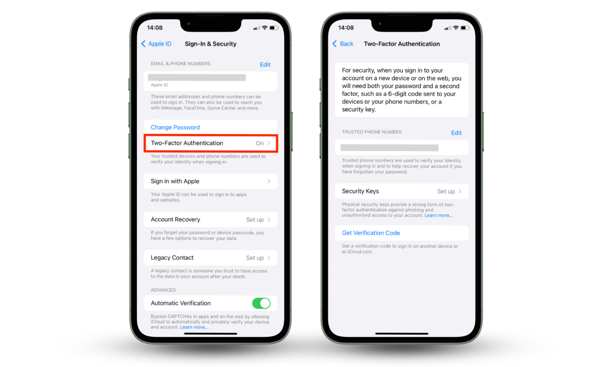 To finish turning on two-factor authentication, tap Two-Factor Authentication and toggle it on. To finish turning on two-factor authentication, tap Two-Factor Authentication and toggle it on.