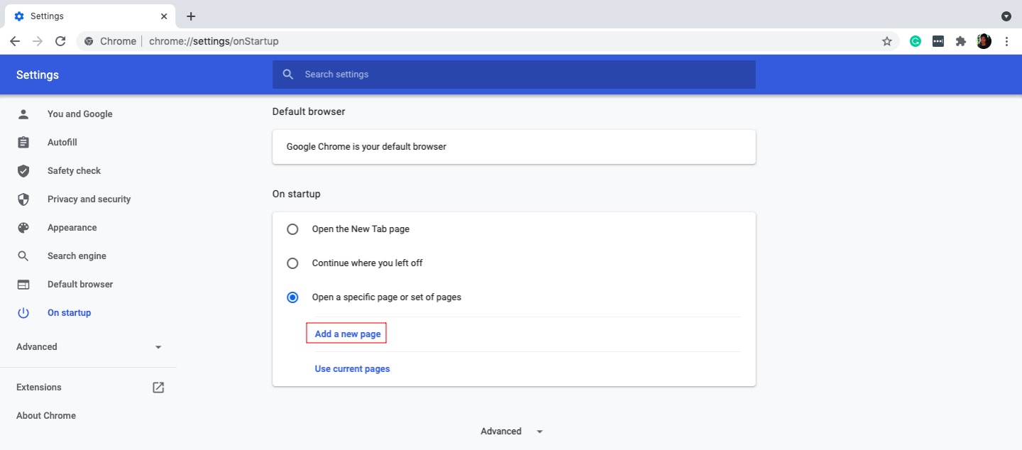 Add a specific site as your Chrome startup page Add a specific site as your Chrome startup page