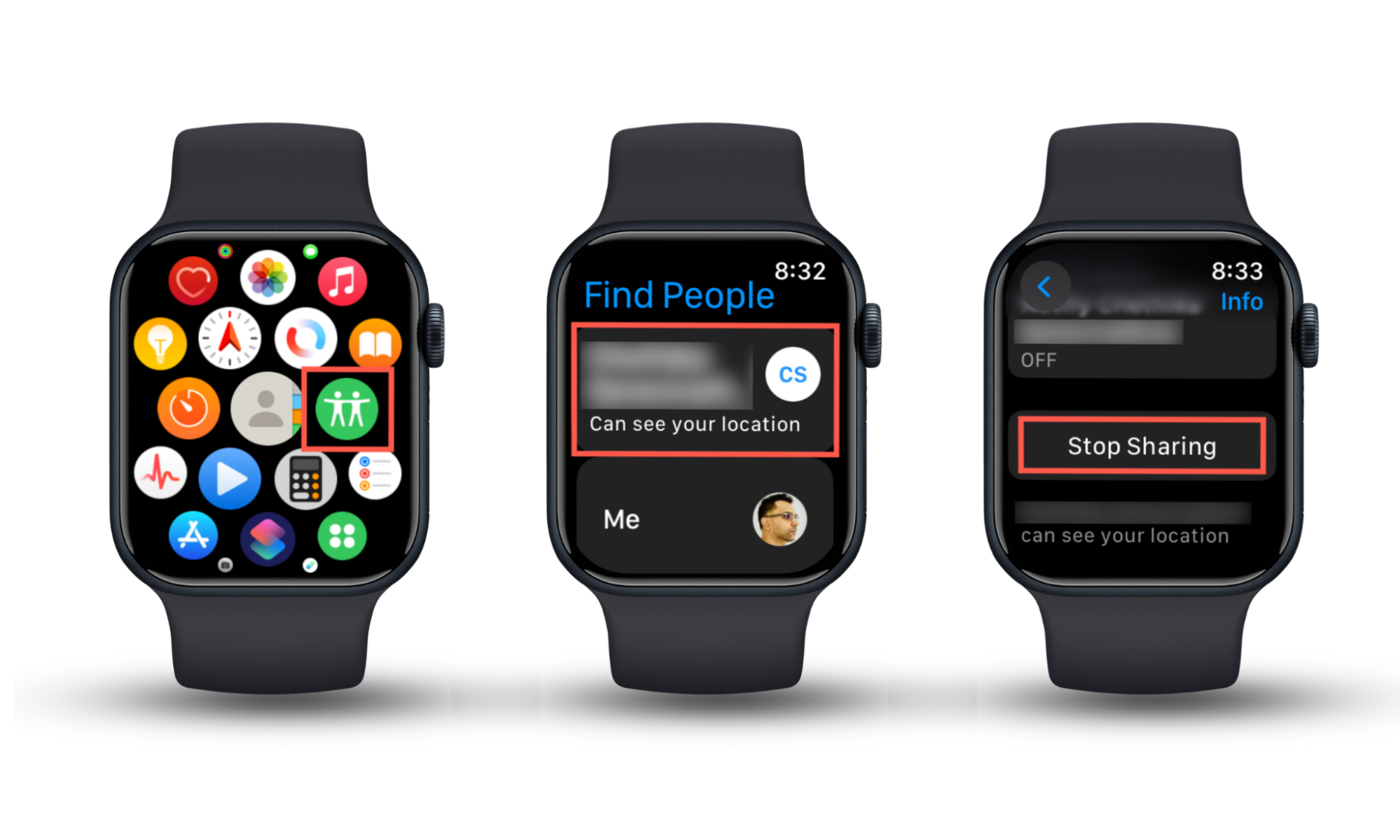 These Apple Watch screenshots show how to stop location sharing in the Find People app if you suspect your Apple Watch is spying on you. These Apple Watch screenshots show how to stop location sharing in the Find People app if you suspect your Apple Watch is spying on you.