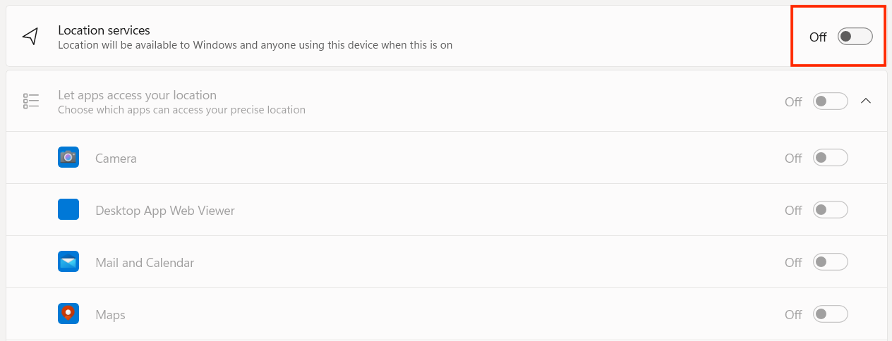 Toggling off Location Services in WIndows 11 Toggling off Location Services in WIndows 11