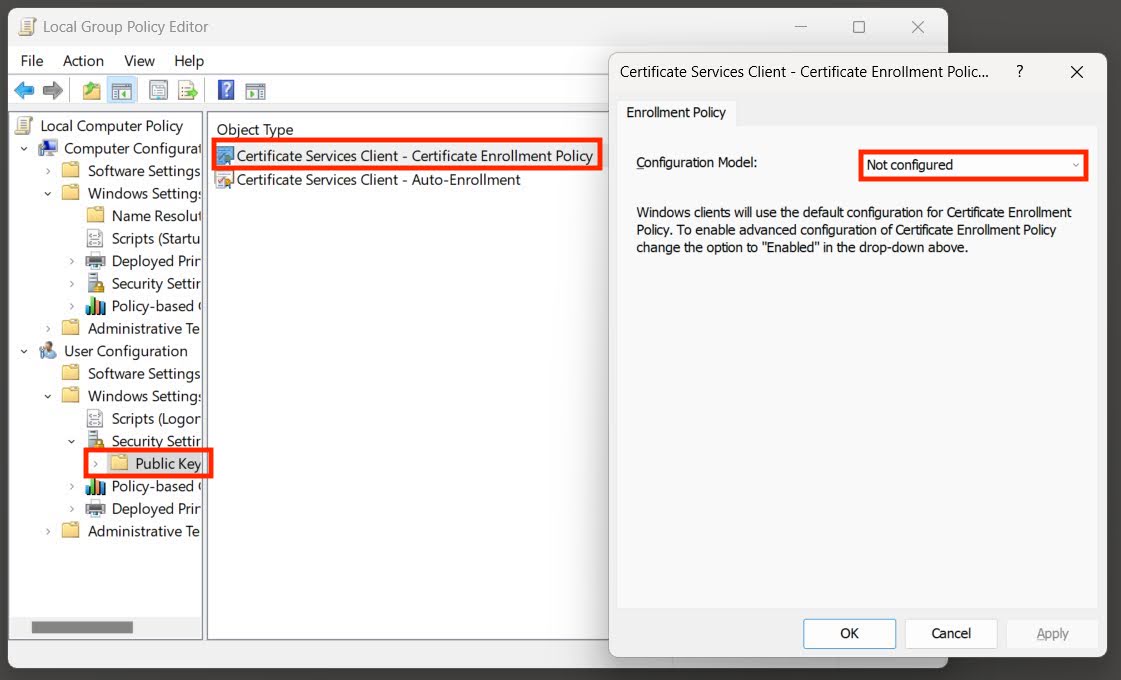 The local group policy editor window in Windows 11, opened on the Public Key settings, and Certificate Services Client selected, and Configuration model set to The local group policy editor window in Windows 11, opened on the Public Key settings, and Certificate Services Client selected, and Configuration model set to