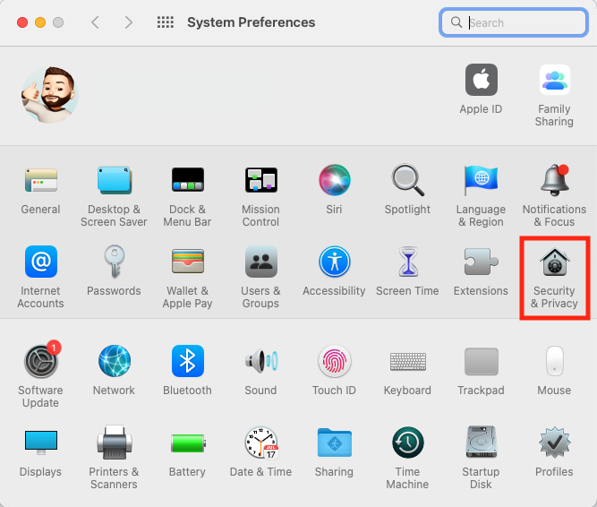 The macOS System Preferences window showing the Security & Privacy option The macOS System Preferences window showing the Security & Privacy option