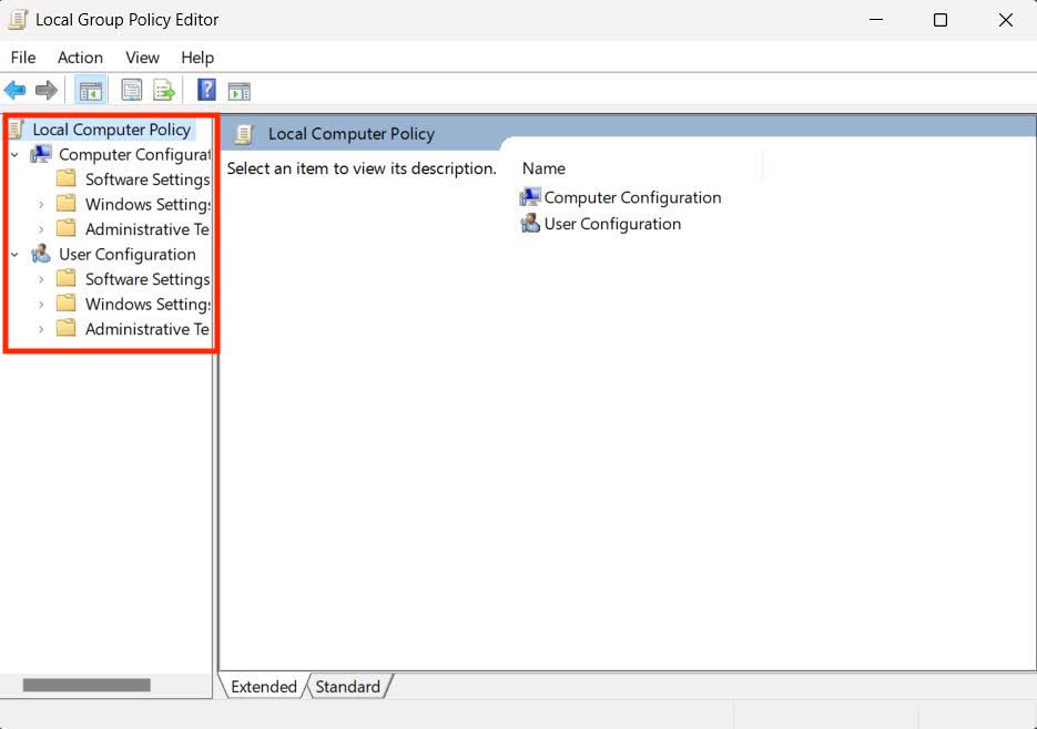The local group policy editor window in Windows 11, with the list of settings highlighted. The local group policy editor window in Windows 11, with the list of settings highlighted.