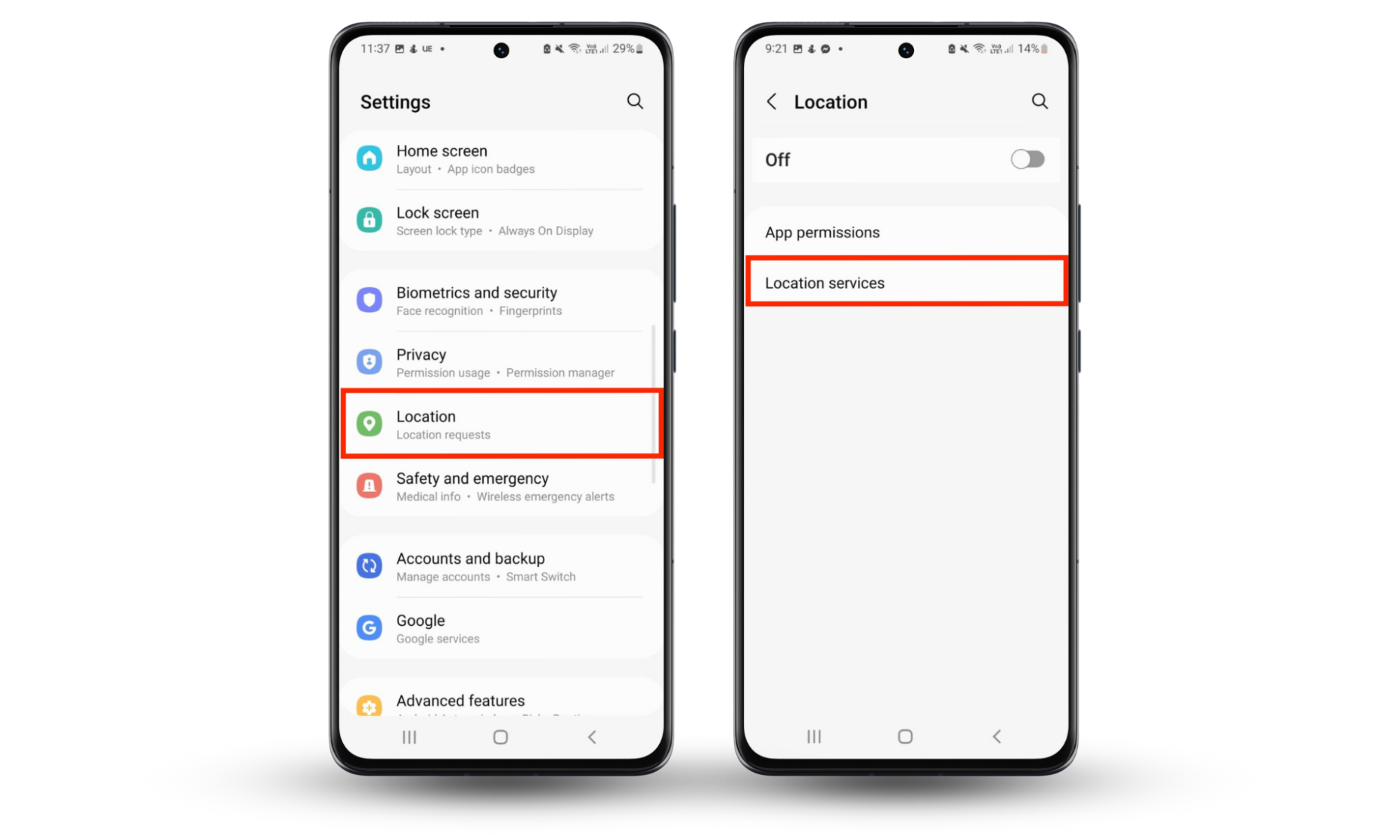 Android device screen showing steps to disabling location services on Android. Android device screen showing steps to disabling location services on Android.