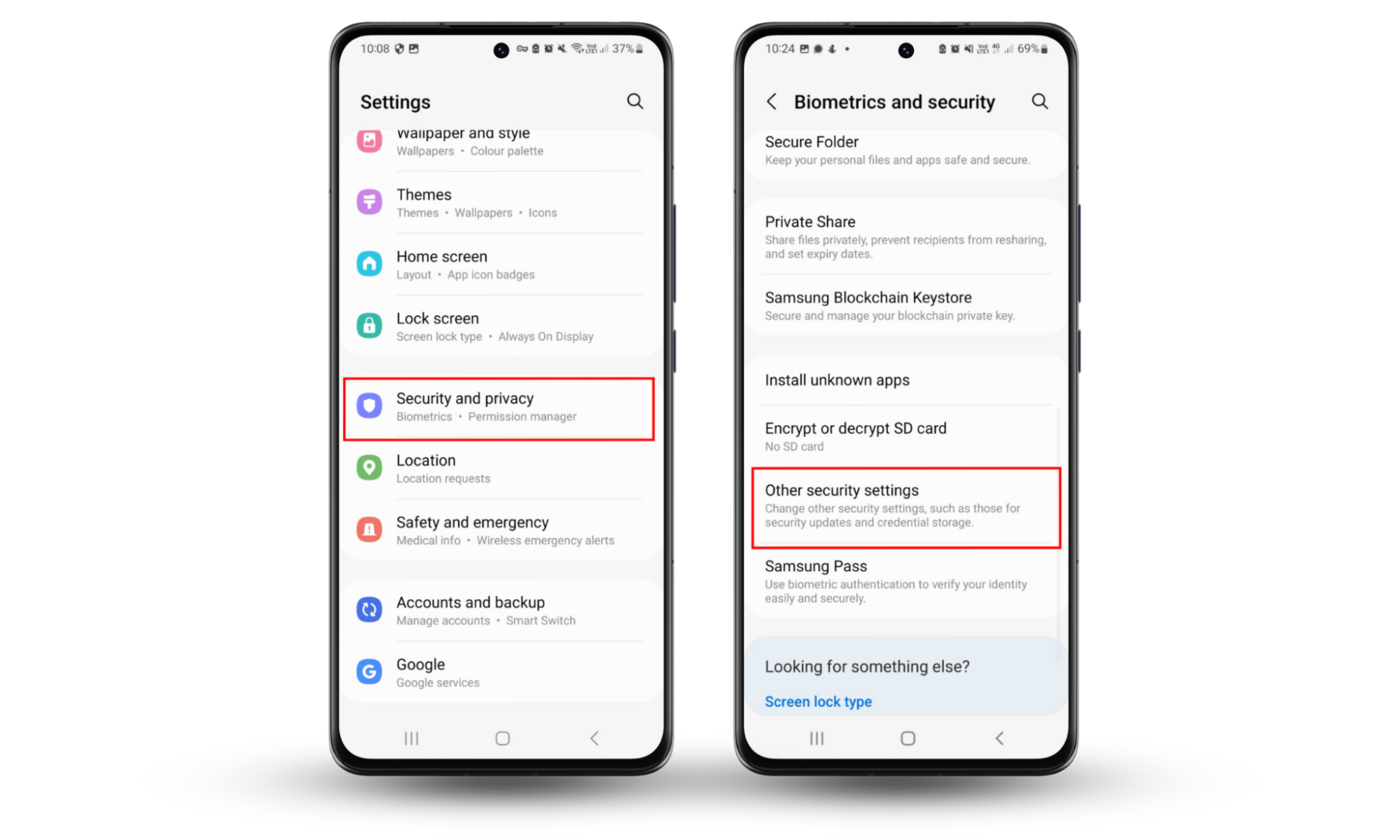 Screenshots showing how to access the Other security settings menu to detect mSpy on Android. Screenshots showing how to access the Other security settings menu to detect mSpy on Android.