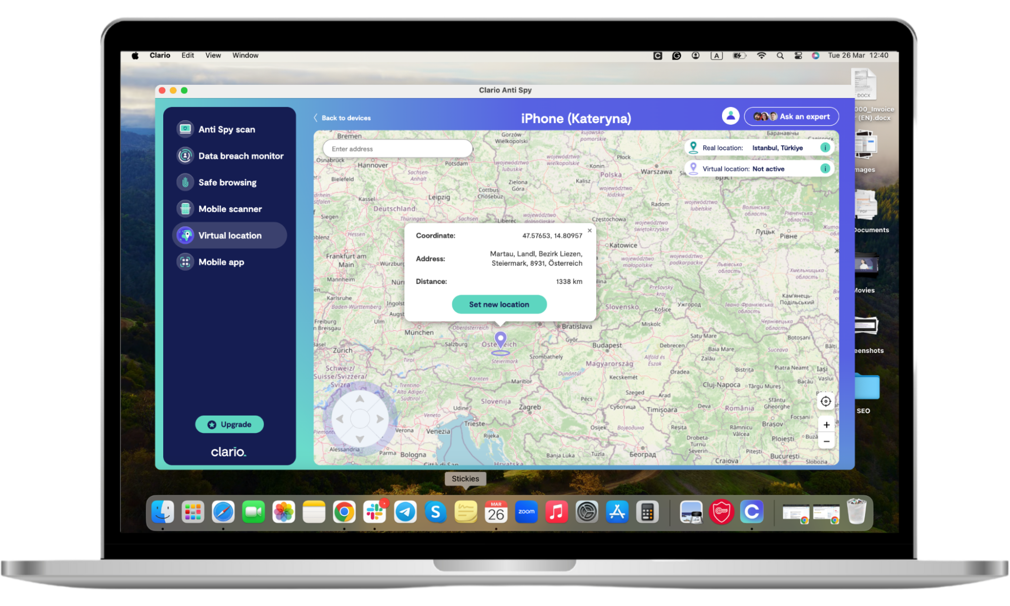 Clario Anti Spy app shows the 'Virtual location' feature on the desktop with a setup prompt on one screen and instructions on how to set up a virtual location on the other for when your girlfriend stalks her ex. Clario Anti Spy app shows the 'Virtual location' feature on the desktop with a setup prompt on one screen and instructions on how to set up a virtual location on the other for when your girlfriend stalks her ex.