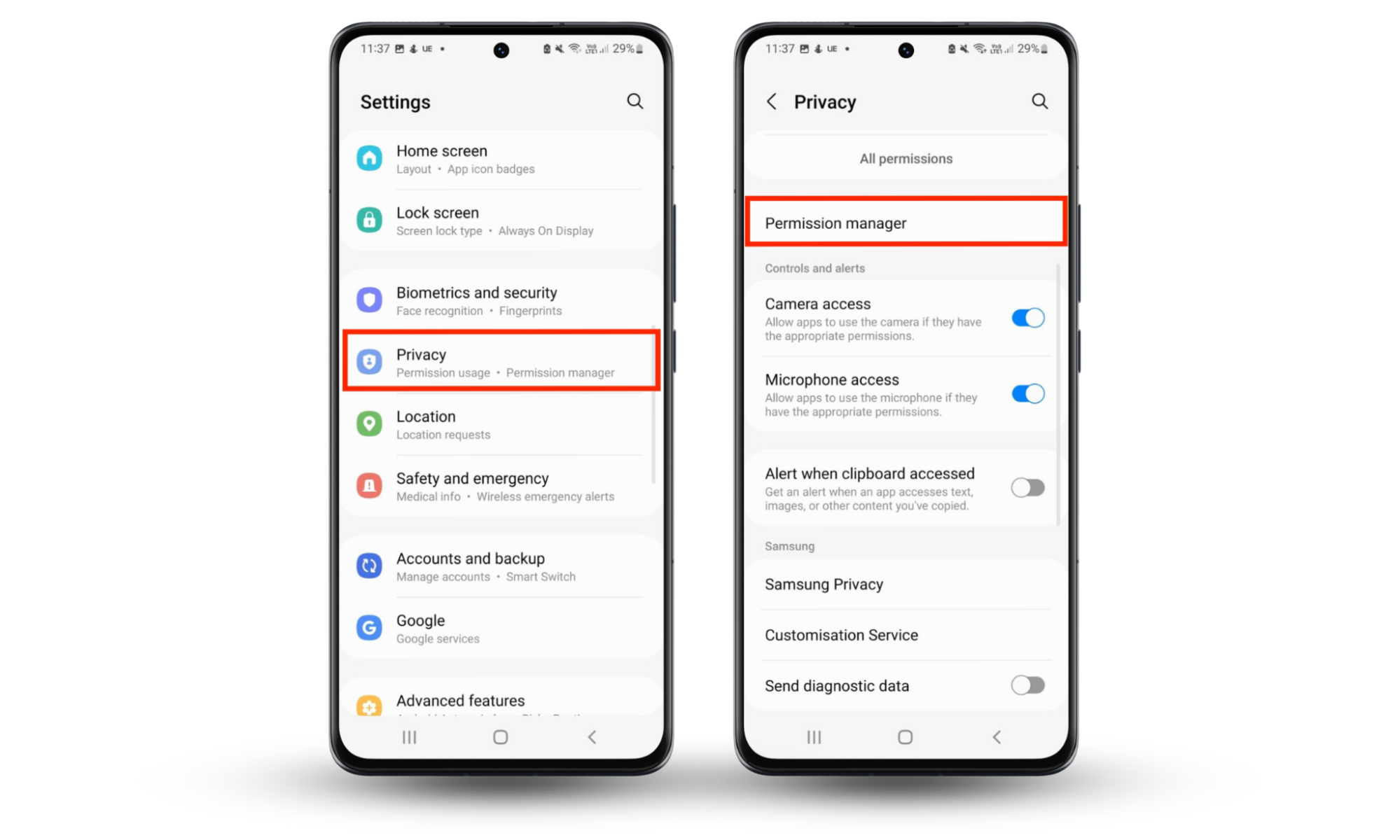 An Android device depicting how to open the Permission manager. An Android device depicting how to open the Permission manager.