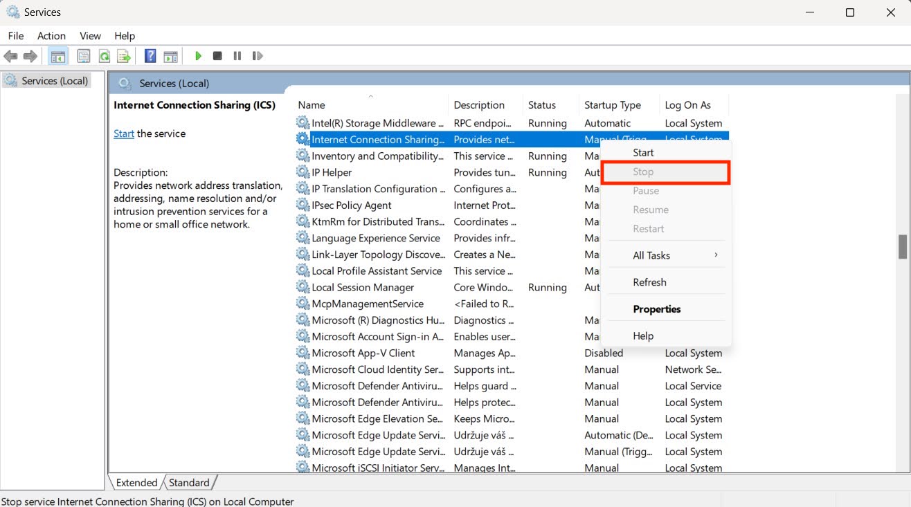 The Services window in WIndows 11 with the Internet Connection Sharing service right-clicked and The Services window in WIndows 11 with the Internet Connection Sharing service right-clicked and