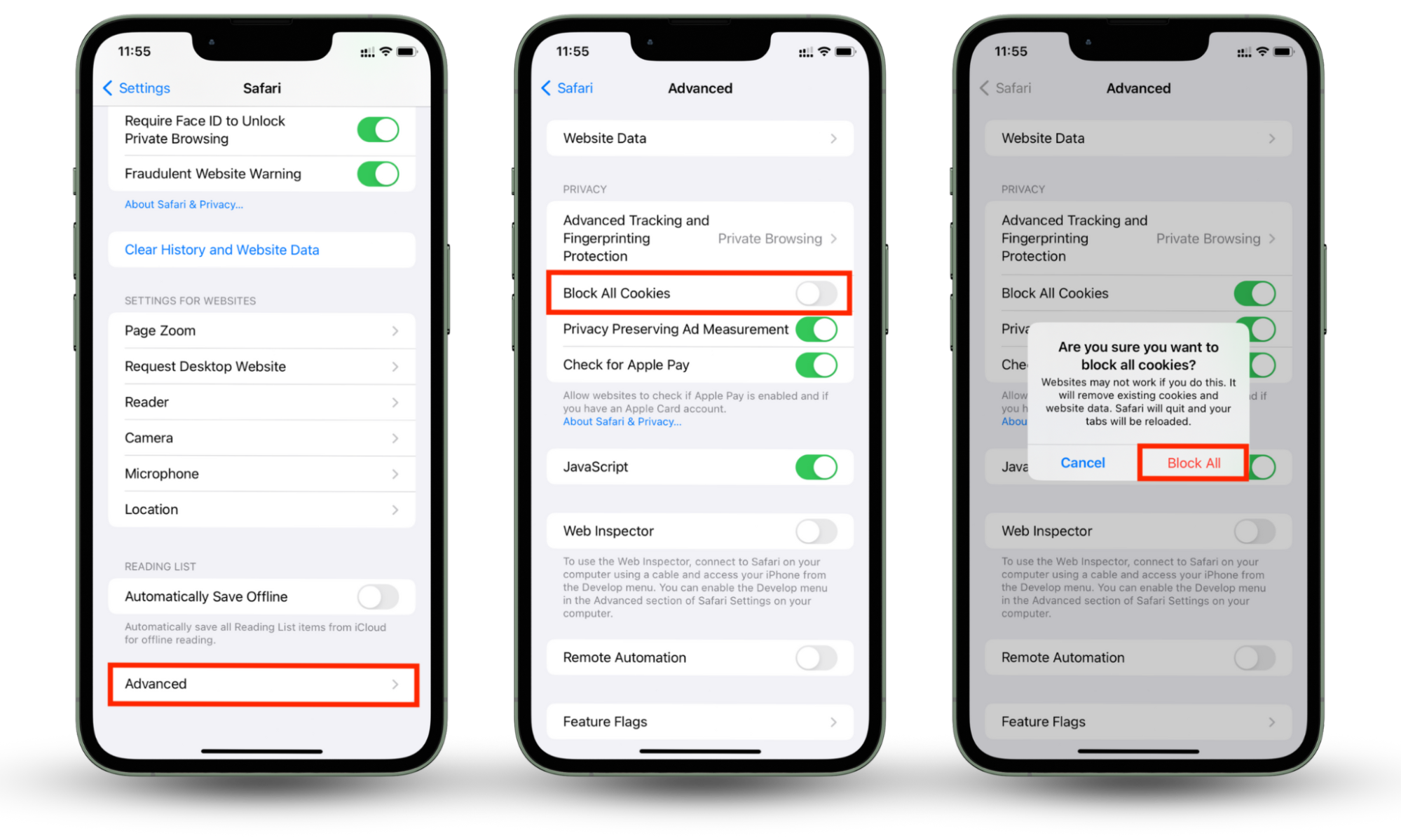 Follow the instructions in the picture to Block All Cookies in Safari on an iPhone. Follow the instructions in the picture to Block All Cookies in Safari on an iPhone.