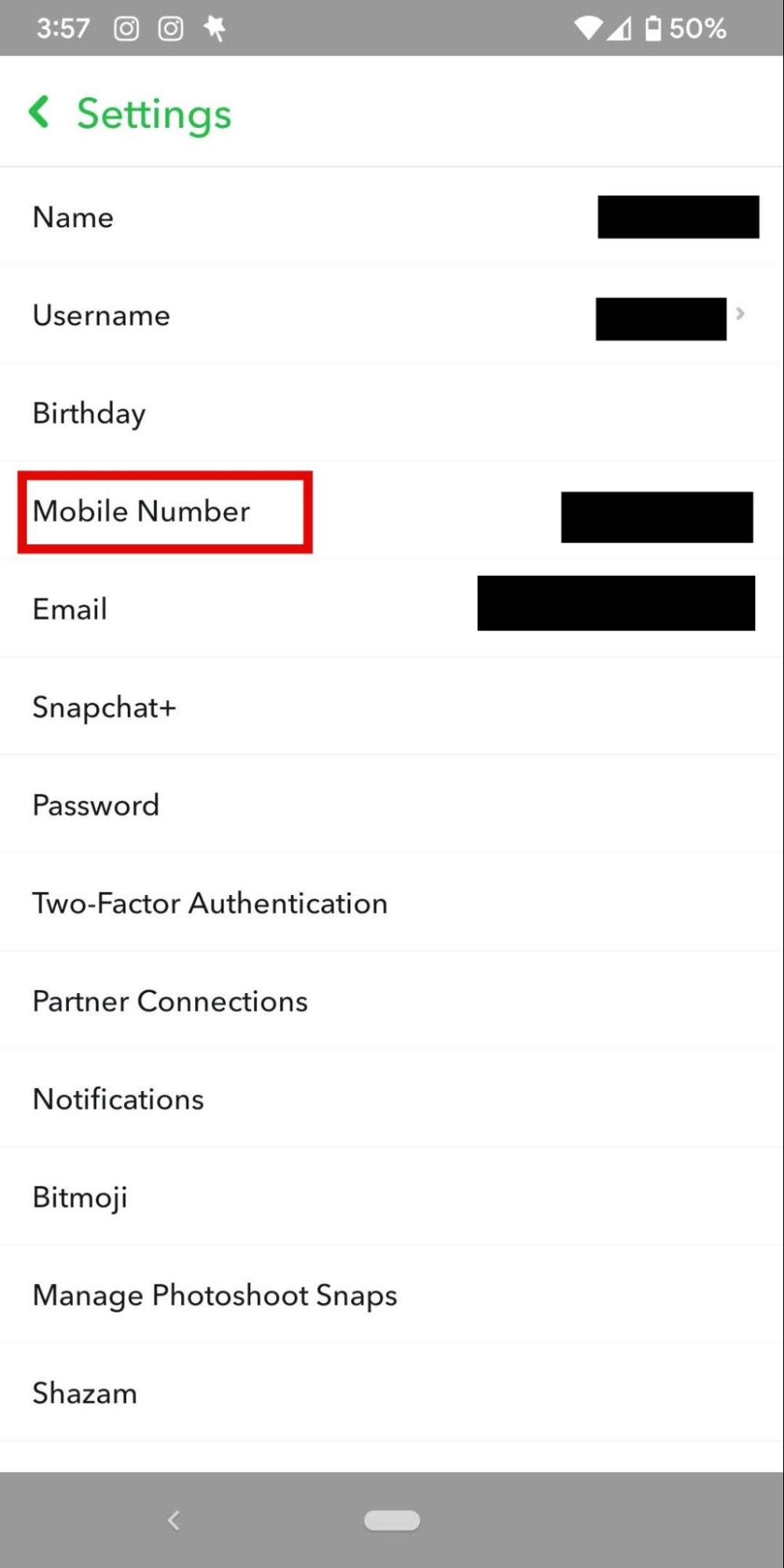 Screenshot of Snapchat mobile app settings screen to show where to verify mobile number Screenshot of Snapchat mobile app settings screen to show where to verify mobile number
