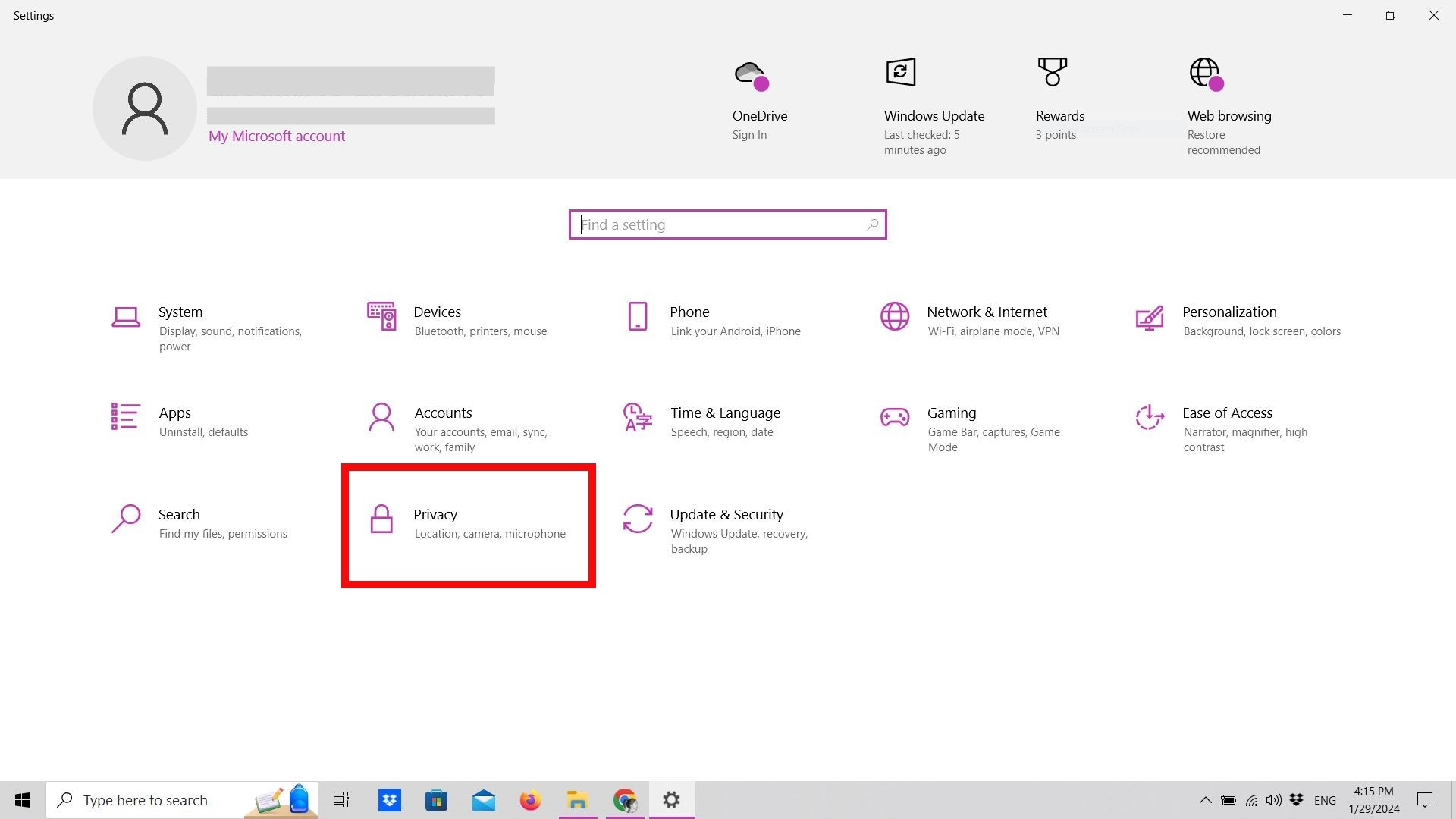 Screenshot of Settings homepage on Windows 10 Screenshot of Settings homepage on Windows 10