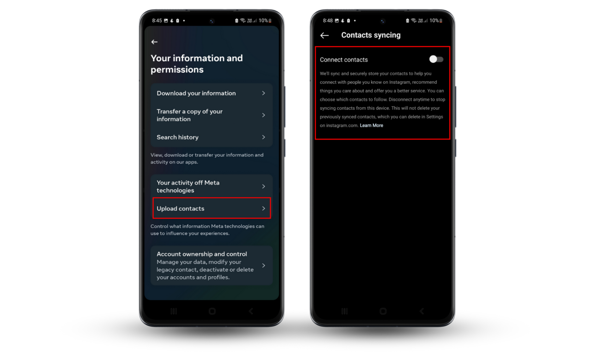 A screenshot of an Android device showing how to toggle off Instagram's connect contacts option to prevent the app from spying on you. A screenshot of an Android device showing how to toggle off Instagram's connect contacts option to prevent the app from spying on you.