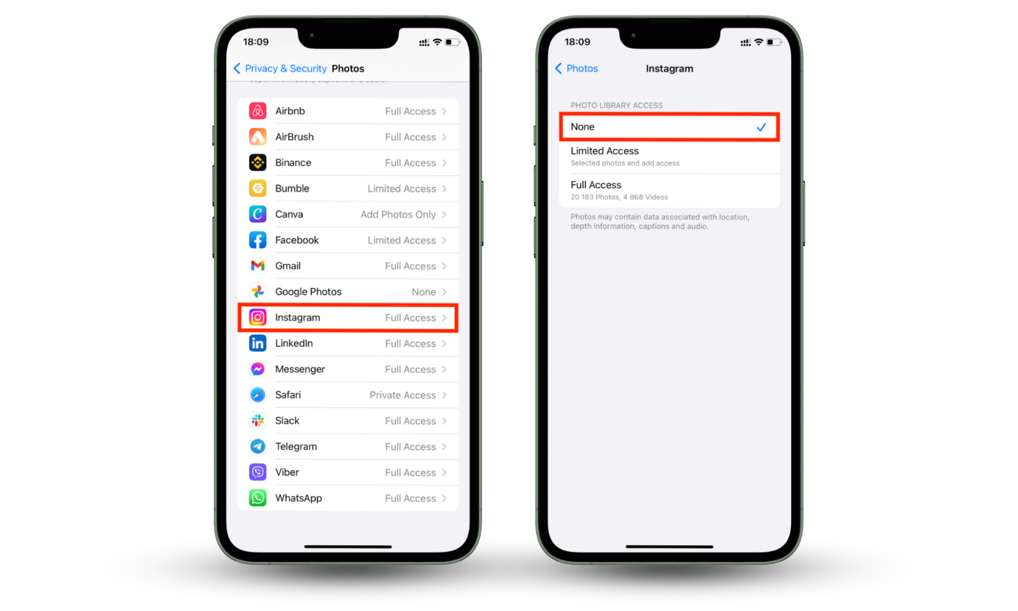 Screenshots of an iPhone showing how to disable Instagram's access to your camera roll. Screenshots of an iPhone showing how to disable Instagram's access to your camera roll.