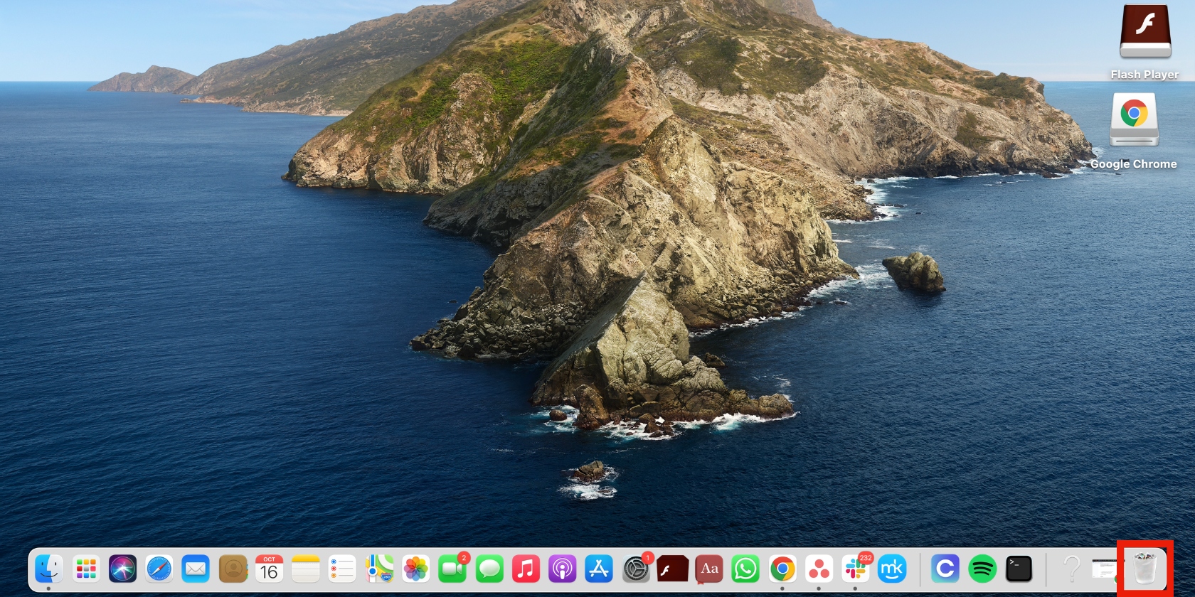 The Trash icon is outlined in red in the Dock on a Mac. The Trash icon is outlined in red in the Dock on a Mac.