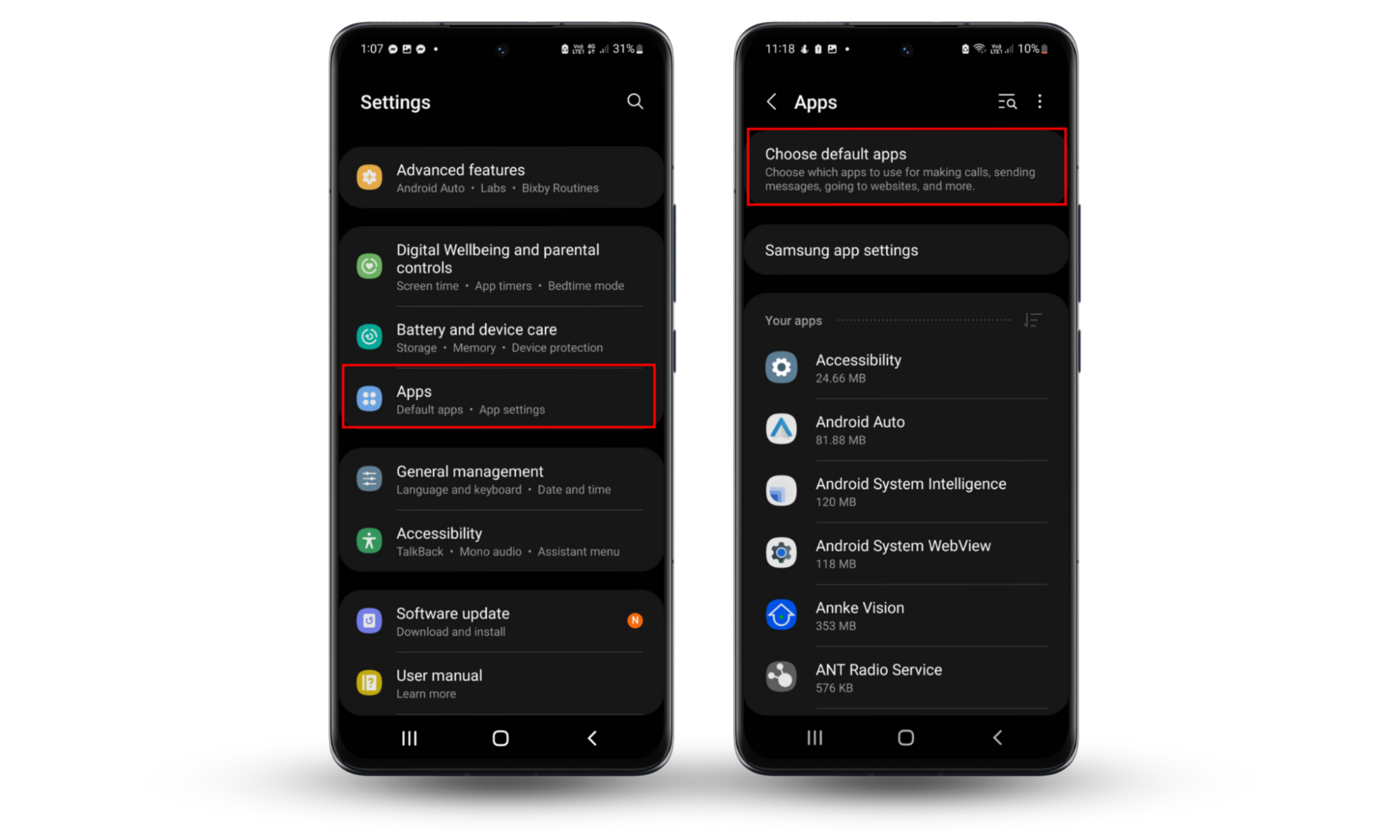 A screenshot from an Android device showing how to access the default apps menu. A screenshot from an Android device showing how to access the default apps menu.