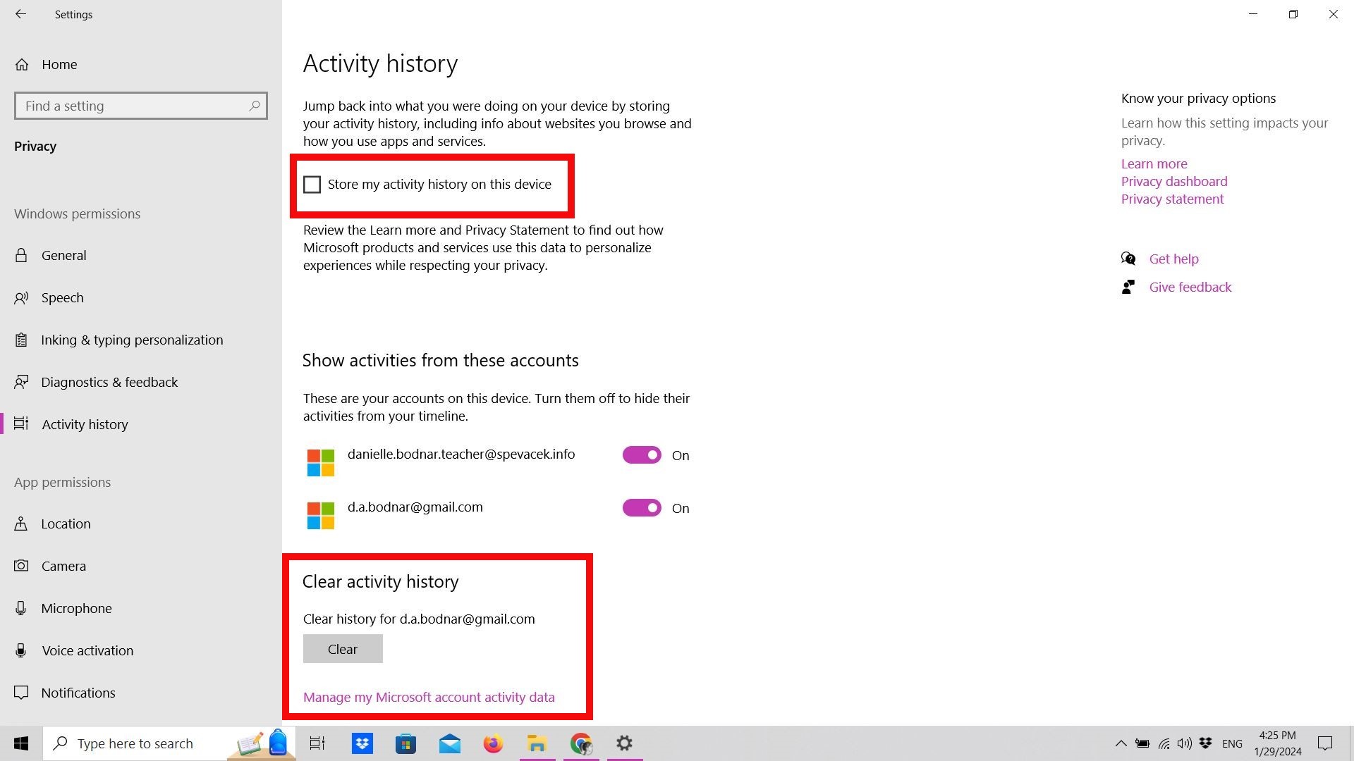 Activity history privacy settings on Windows 10 Activity history privacy settings on Windows 10