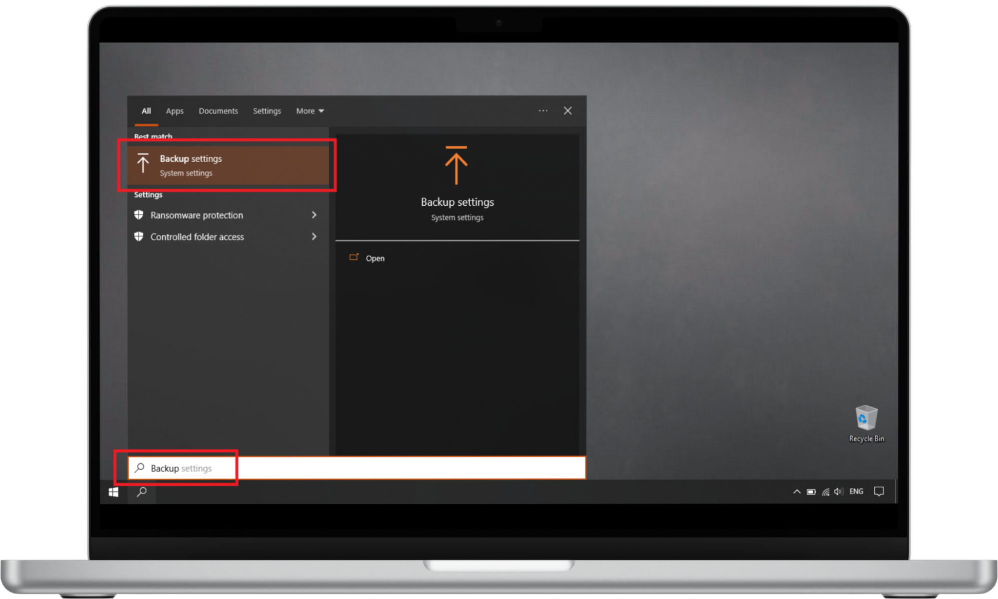 Create backups for important files. To do this, go to the search bar, type backup, and click Backup Settings. Create backups for important files. To do this, go to the search bar, type backup, and click Backup Settings.