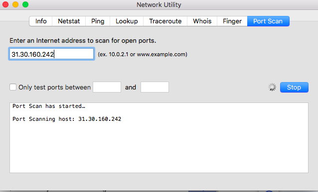 macOS Network Utility app, open on the Port Scan tab, running an scan for open ports for a specific IP address. macOS Network Utility app, open on the Port Scan tab, running an scan for open ports for a specific IP address.