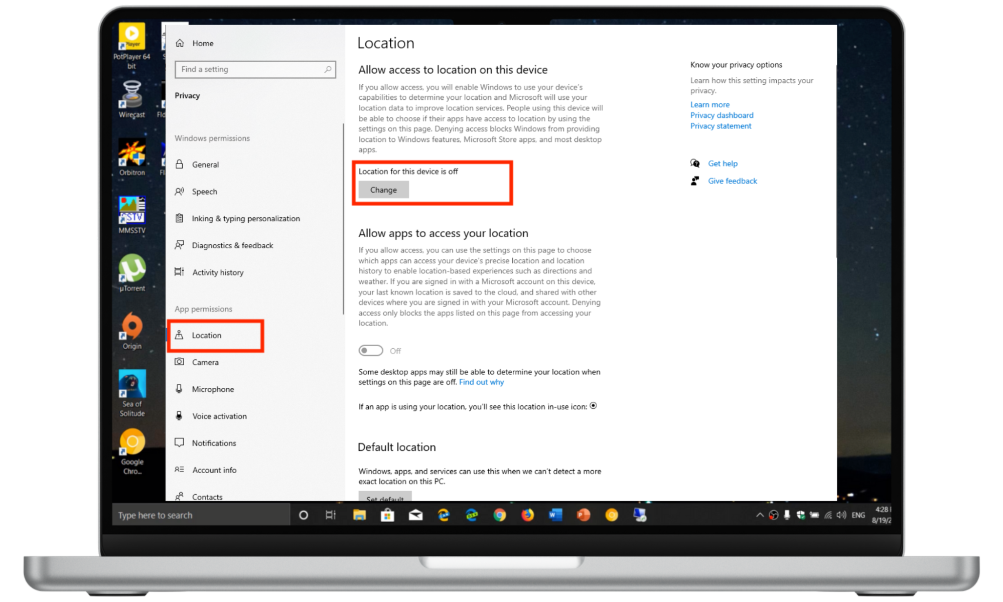 Windows device with location settings open. Windows device with location settings open.
