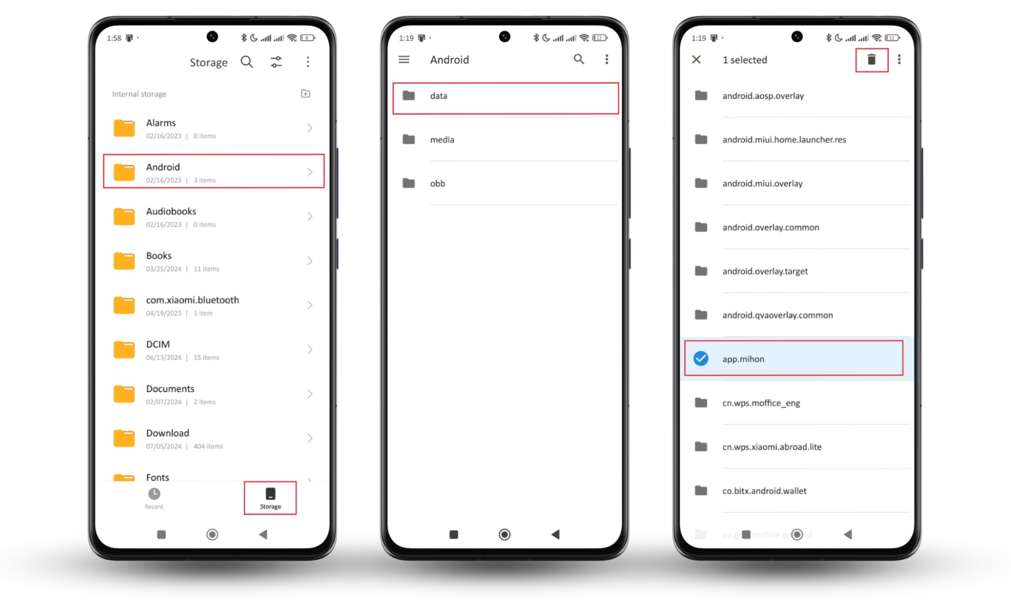 Instructions on how to use the File Manager app to navigate to internal storage, access Android data, identify suspicious files, and delete them. Instructions on how to use the File Manager app to navigate to internal storage, access Android data, identify suspicious files, and delete them.