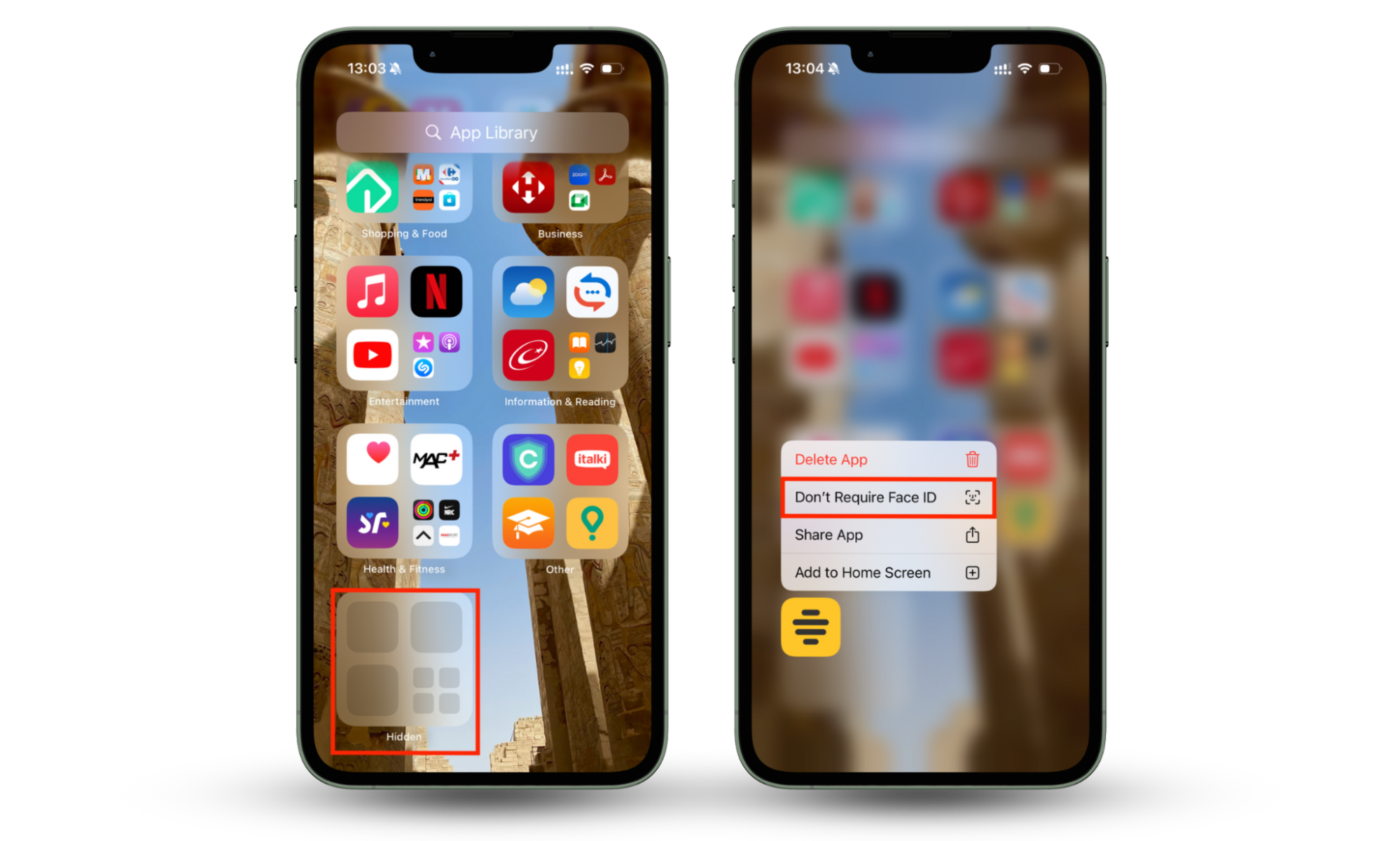 An iPhone's App Library screenshot with the Don’t Require Face ID option after you have locked apps on iPhone iOS 18. To unhide the app from the hidden folder, press the Don’t Require Face ID option that pops up when you long-press the hidden app icon. An iPhone's App Library screenshot with the Don’t Require Face ID option after you have locked apps on iPhone iOS 18. To unhide the app from the hidden folder, press the Don’t Require Face ID option that pops up when you long-press the hidden app icon.