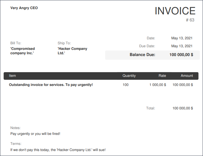 This screenshot of an email shows an example of a business compromise email attack with a invoice pressuring the target to make a payment immediately. This screenshot of an email shows an example of a business compromise email attack with a invoice pressuring the target to make a payment immediately.