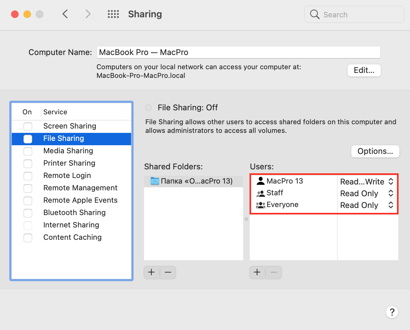 Sharing settings in Mac Sharing settings in Mac