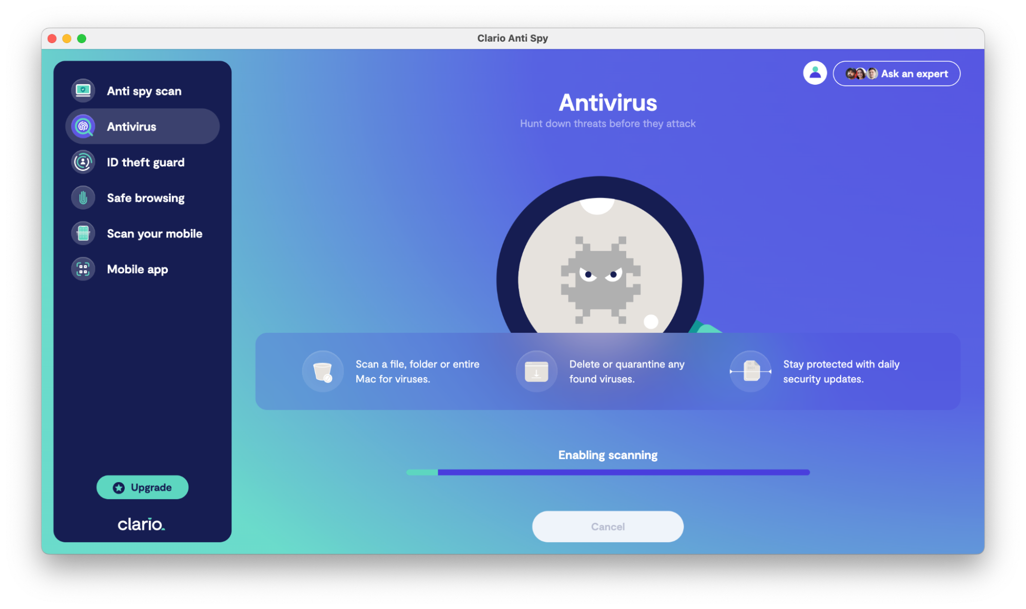 Clario AntiSpy dashboard showing how to enable your laptop's antivirus scanning. Clario AntiSpy dashboard showing how to enable your laptop's antivirus scanning.