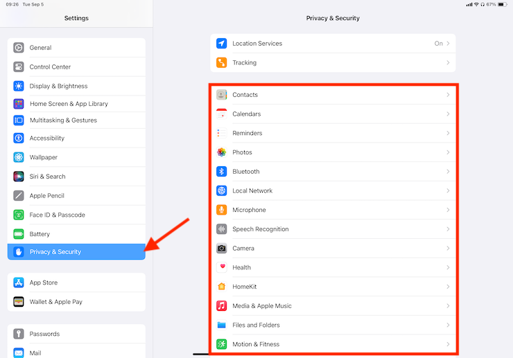 The Settings app on iPad showing the Privacy & Security section. Tap on each of the permissions to change them. The Settings app on iPad showing the Privacy & Security section. Tap on each of the permissions to change them.