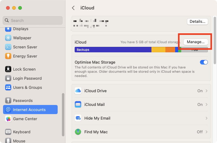 A close-up of the iCloud settings in macOS System Settings. The A close-up of the iCloud settings in macOS System Settings. The