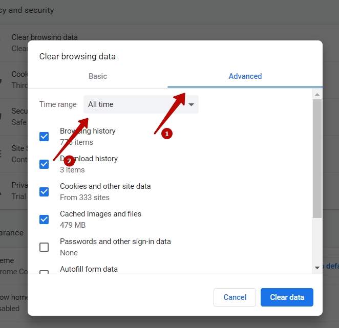Click on Clear browsing data, proceed to Advanced, and select All time. Click on Clear browsing data, proceed to Advanced, and select All time.