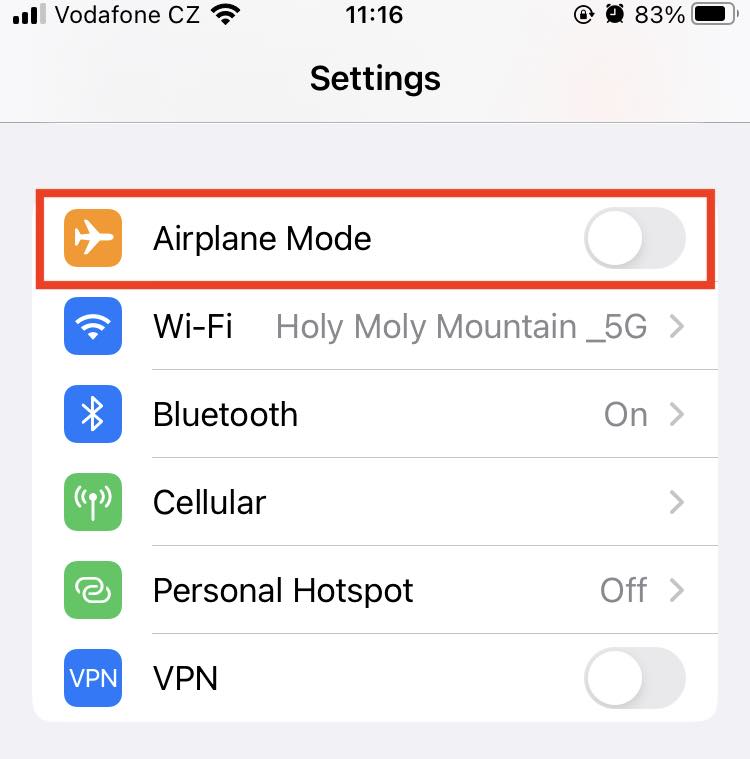 An iPhone screen depicting the 'Settings' app, with Airplane Mode toggled off. An iPhone screen depicting the 'Settings' app, with Airplane Mode toggled off.