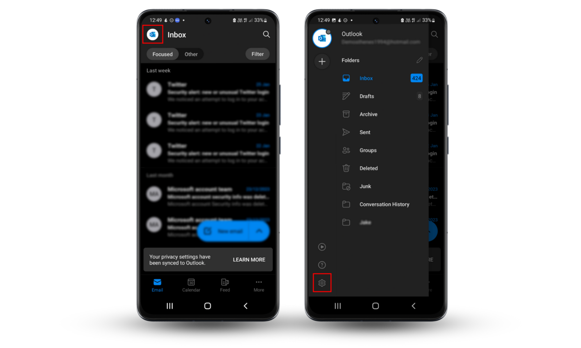A screenshot of the Android Outlook app showing where the profile icon and settings icon are located. A screenshot of the Android Outlook app showing where the profile icon and settings icon are located.