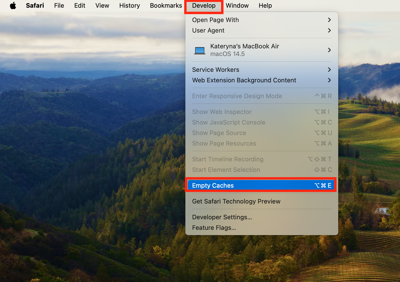 A screenshot of Safari's Develop drop-down menu showing how to select Empty Caches and remove malware from Mac. A screenshot of Safari's Develop drop-down menu showing how to select Empty Caches and remove malware from Mac.