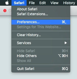Safari's drop-down menu with Preferences highlighted Safari's drop-down menu with Preferences highlighted