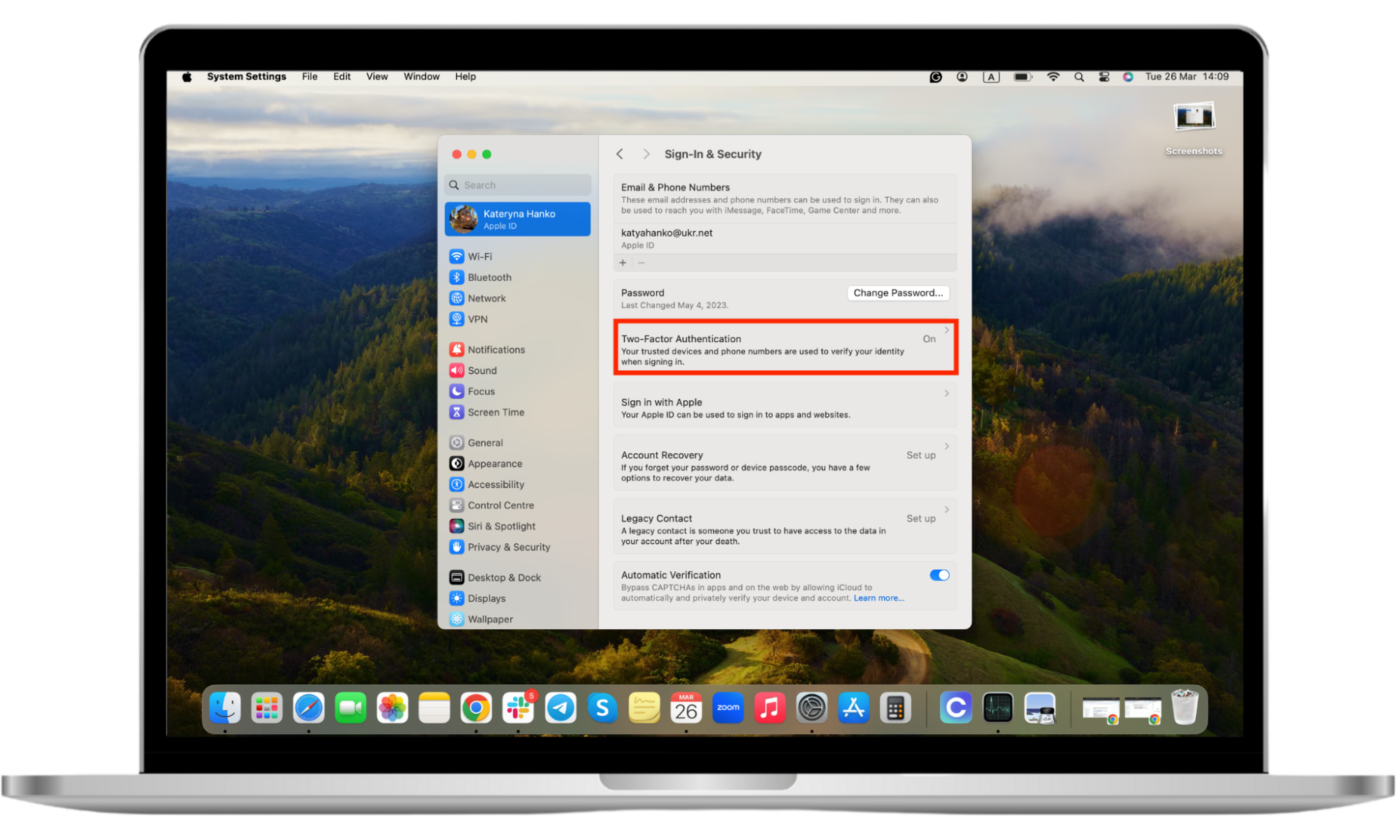 A Mac display with the Password & Security Apple ID screen opened and the Two-factor authentication button highlighted with a red rectangle around it. Learn how you can tell if an ex is spying on your MacBook. A Mac display with the Password & Security Apple ID screen opened and the Two-factor authentication button highlighted with a red rectangle around it. Learn how you can tell if an ex is spying on your MacBook.