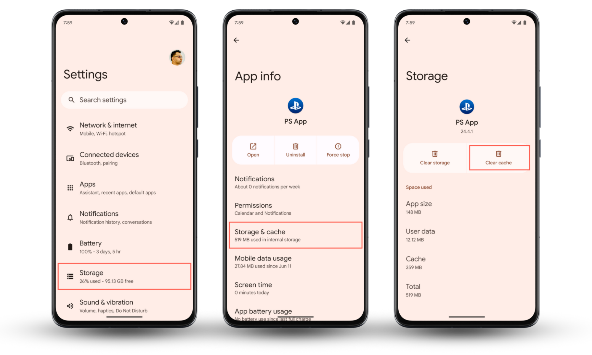 Screenshots that demonstrate how to clear an app's cache on Android by offloading and reinstalling it if your phone keeps glitching. Screenshots that demonstrate how to clear an app's cache on Android by offloading and reinstalling it if your phone keeps glitching.