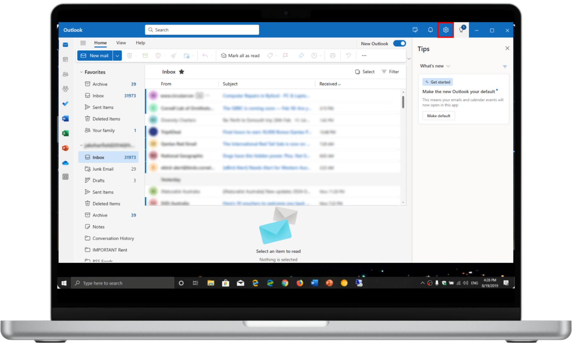 A screenshot of Microsoft Outlook showing where the cog icon is in the window. A screenshot of Microsoft Outlook showing where the cog icon is in the window.