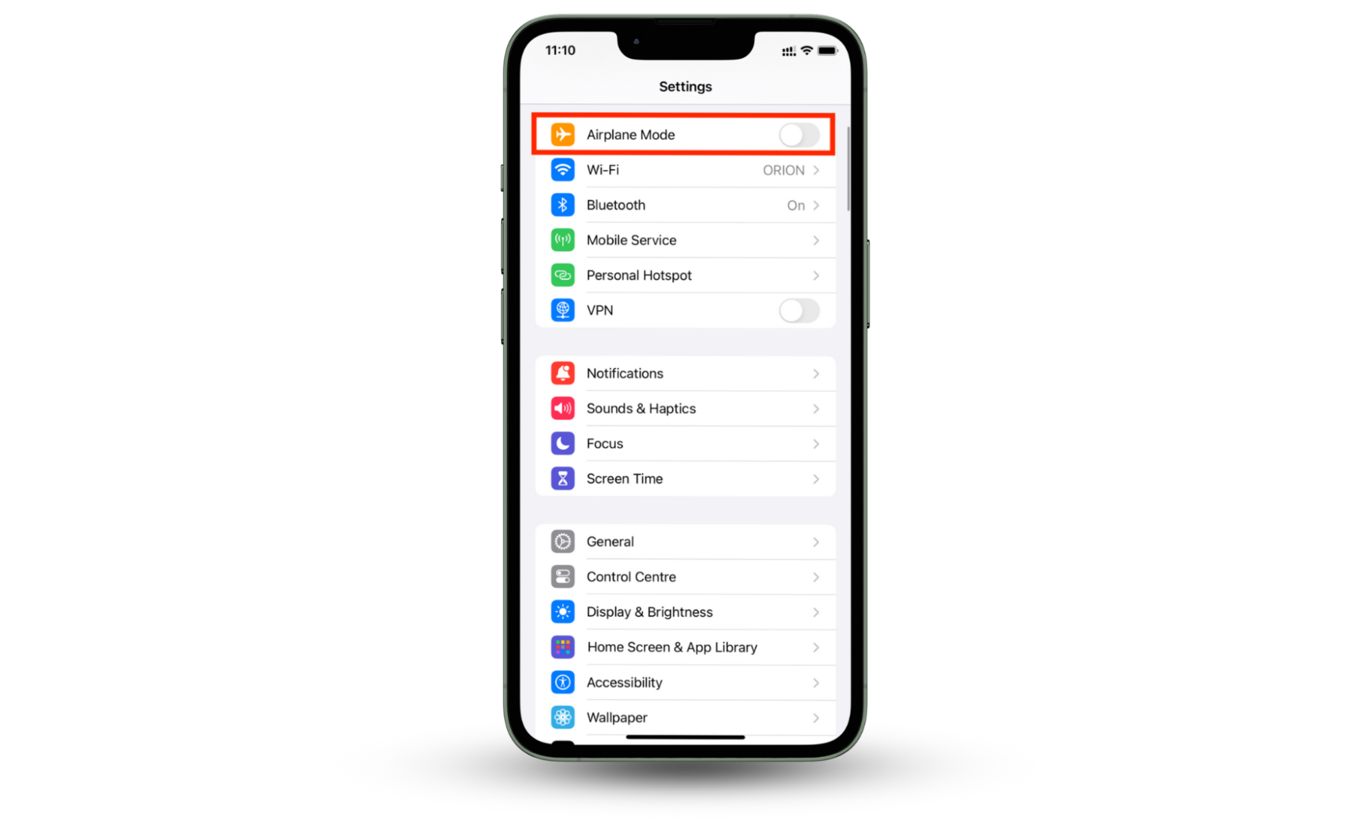 This screenshot shows the Airplane Mode toggle in the Settings menu to turn off Airplane Mode if iPhone is not making calls. This screenshot shows the Airplane Mode toggle in the Settings menu to turn off Airplane Mode if iPhone is not making calls.