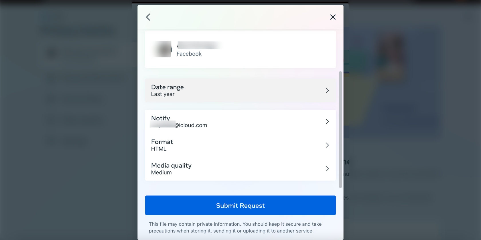 Facebook data download settings page Facebook data download settings page