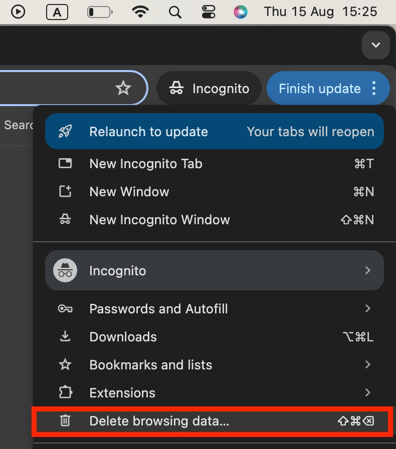 A screenshot of Google Chrome's settings drop-down menu showing how to select Delete browsing data and remove malware from Mac. A screenshot of Google Chrome's settings drop-down menu showing how to select Delete browsing data and remove malware from Mac.