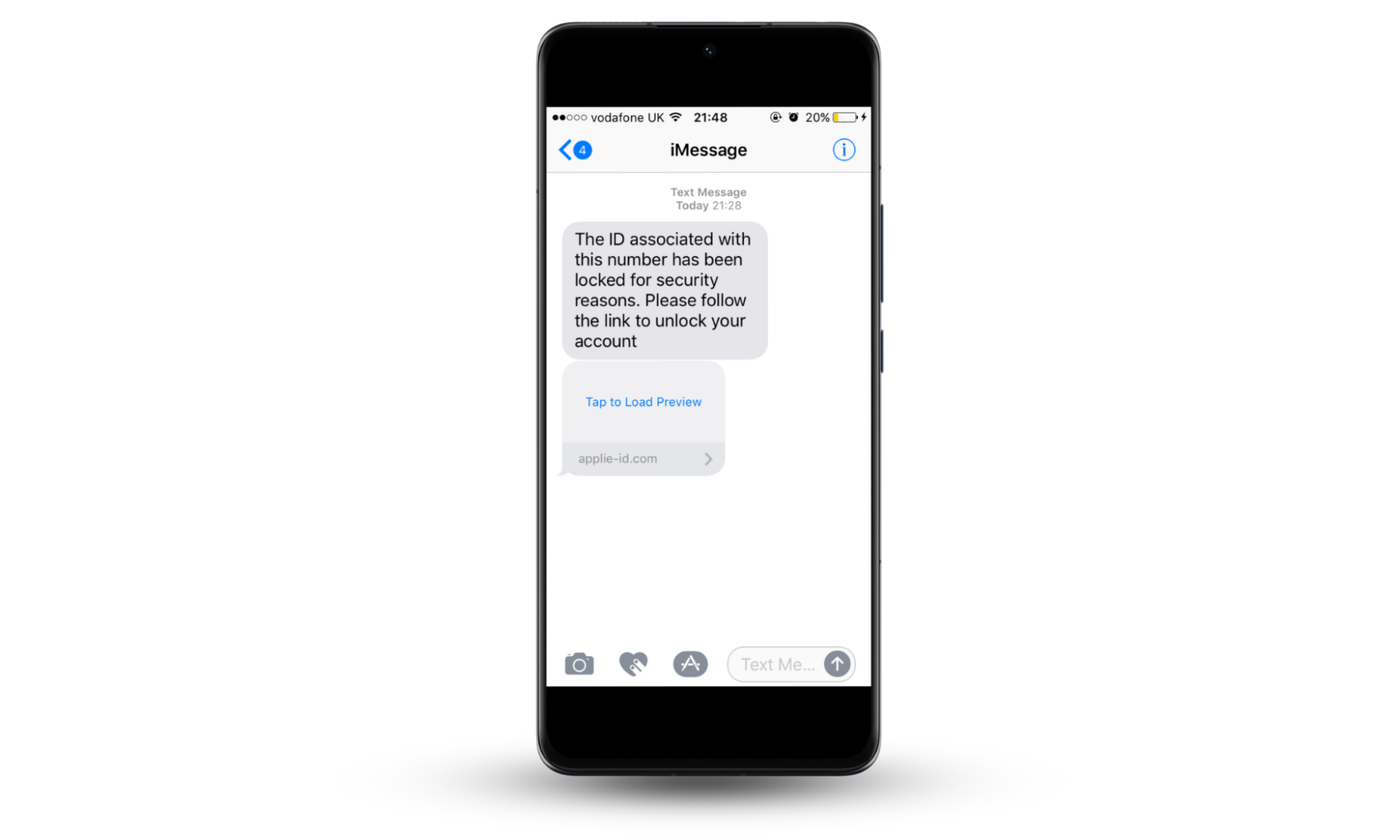 A screenshot of a fake Apple scam iMessage with a fraudulent link. A screenshot of a fake Apple scam iMessage with a fraudulent link.