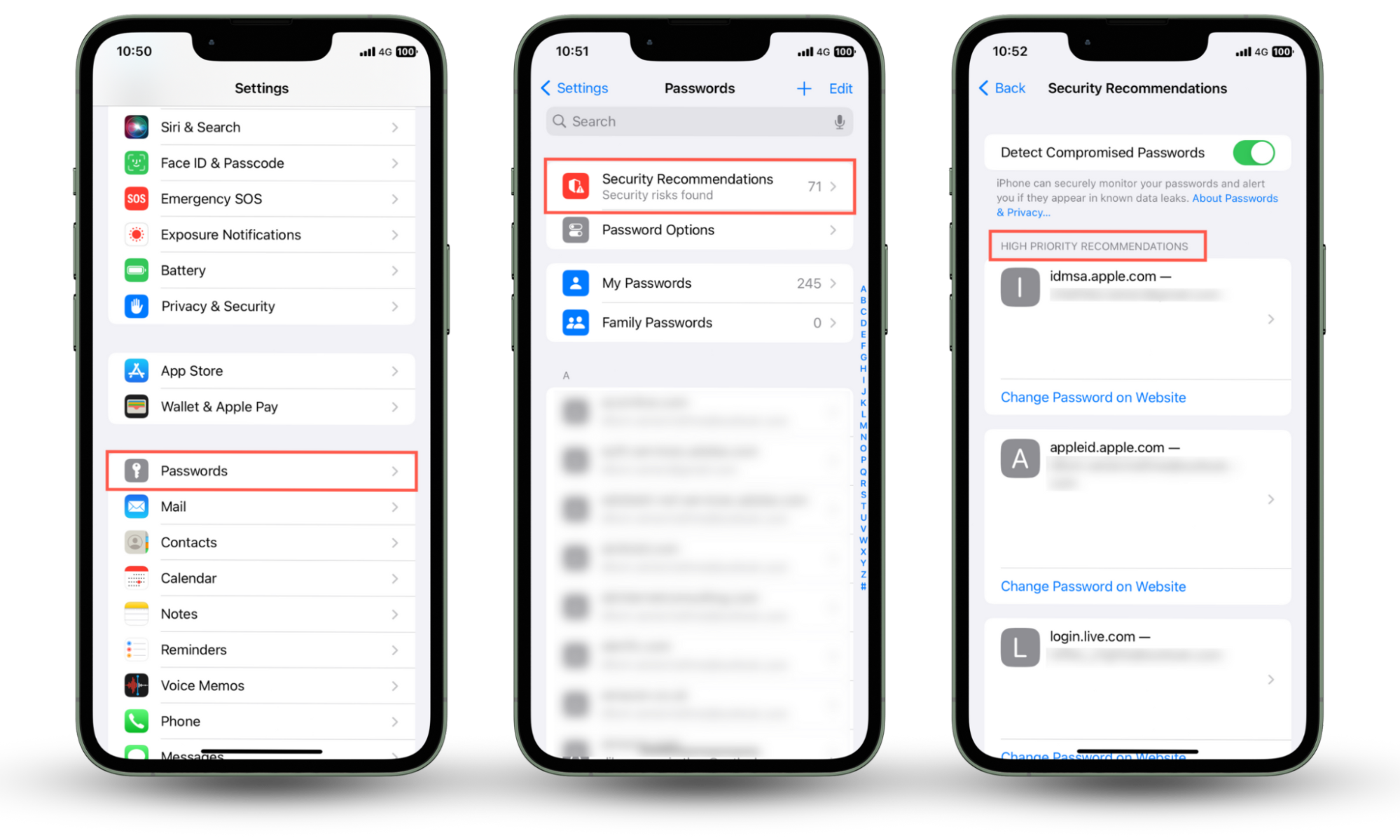 Screenshots that demonstrate how to visit the Security Recommendations screen in iOS settings to check for compromised passwords on iPhone. Screenshots that demonstrate how to visit the Security Recommendations screen in iOS settings to check for compromised passwords on iPhone.
