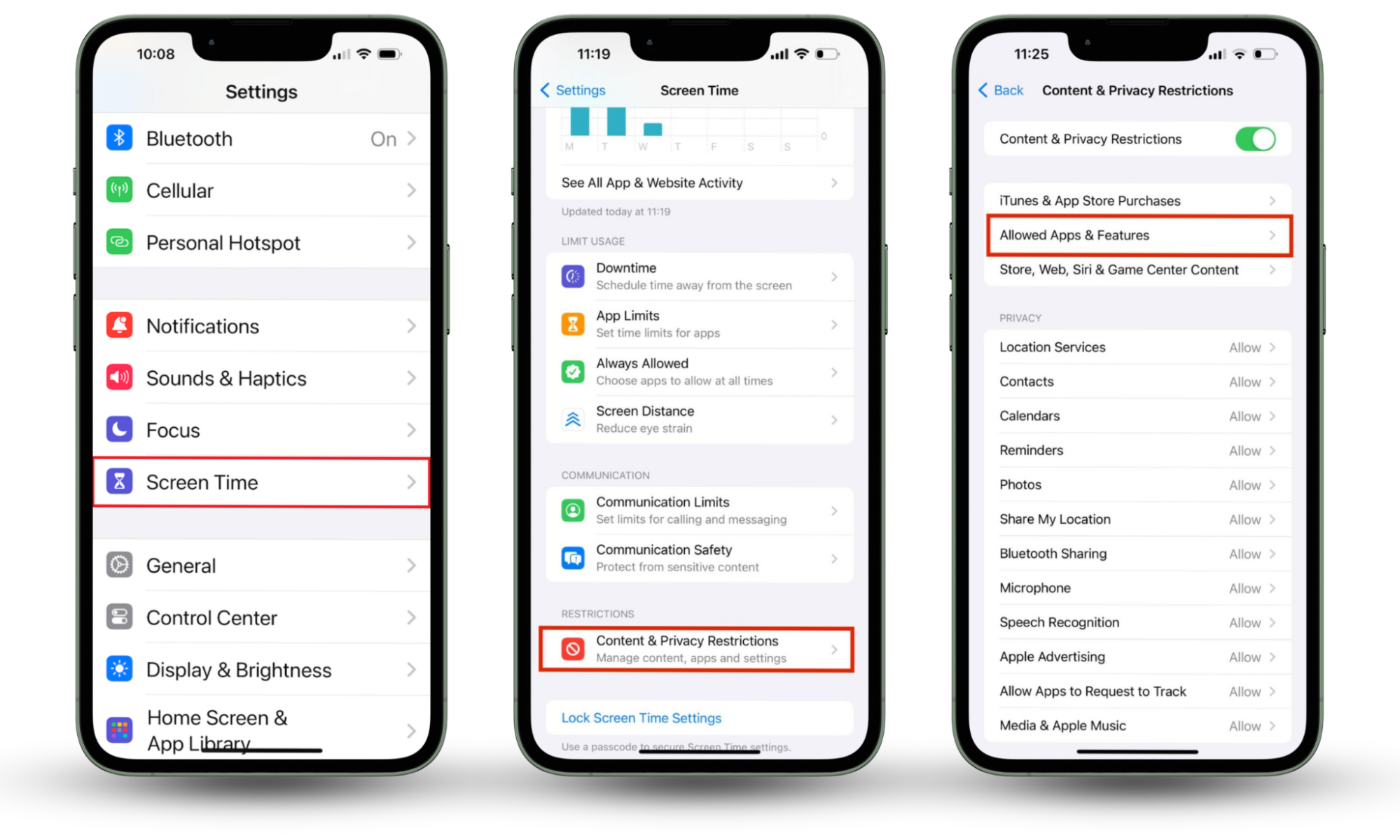 iPhone's Settings app with Screen Time Content & Privacy Restrictions highlighted. Click Allowed Apps&Features to lock Apps on iPhone. iPhone's Settings app with Screen Time Content & Privacy Restrictions highlighted. Click Allowed Apps&Features to lock Apps on iPhone.