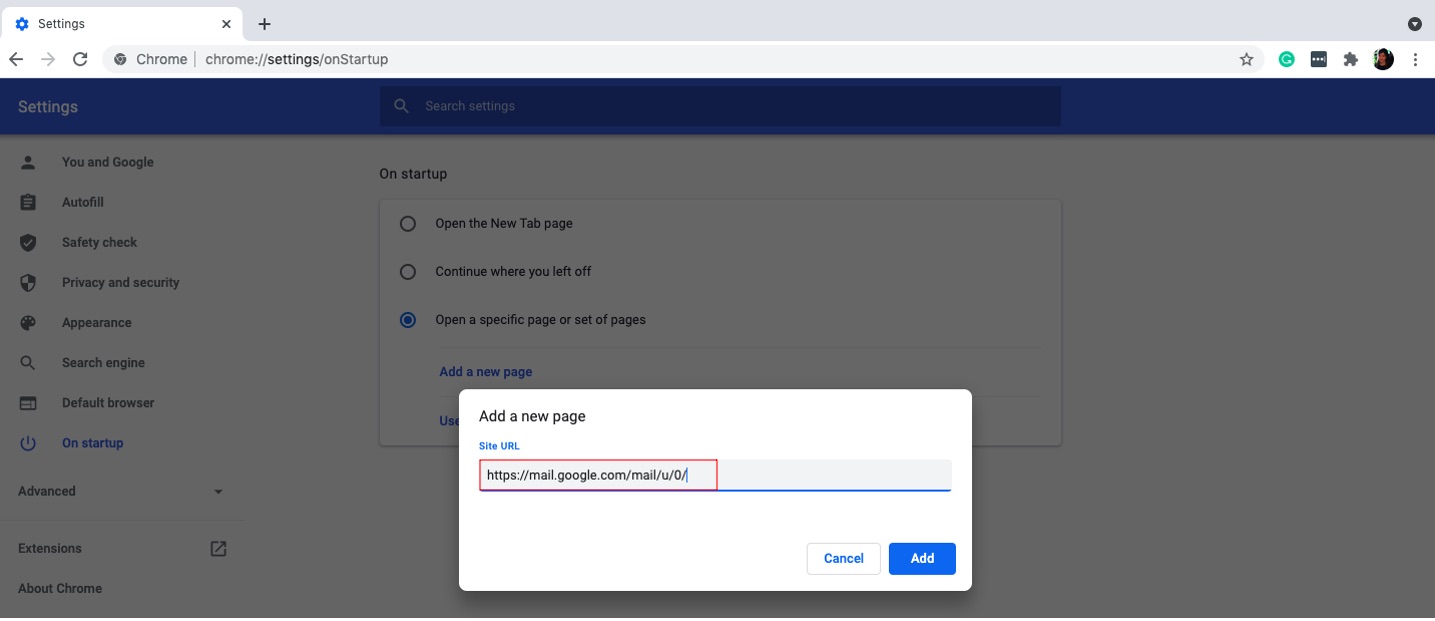 Adding a specific site as your Chrome startup page Adding a specific site as your Chrome startup page