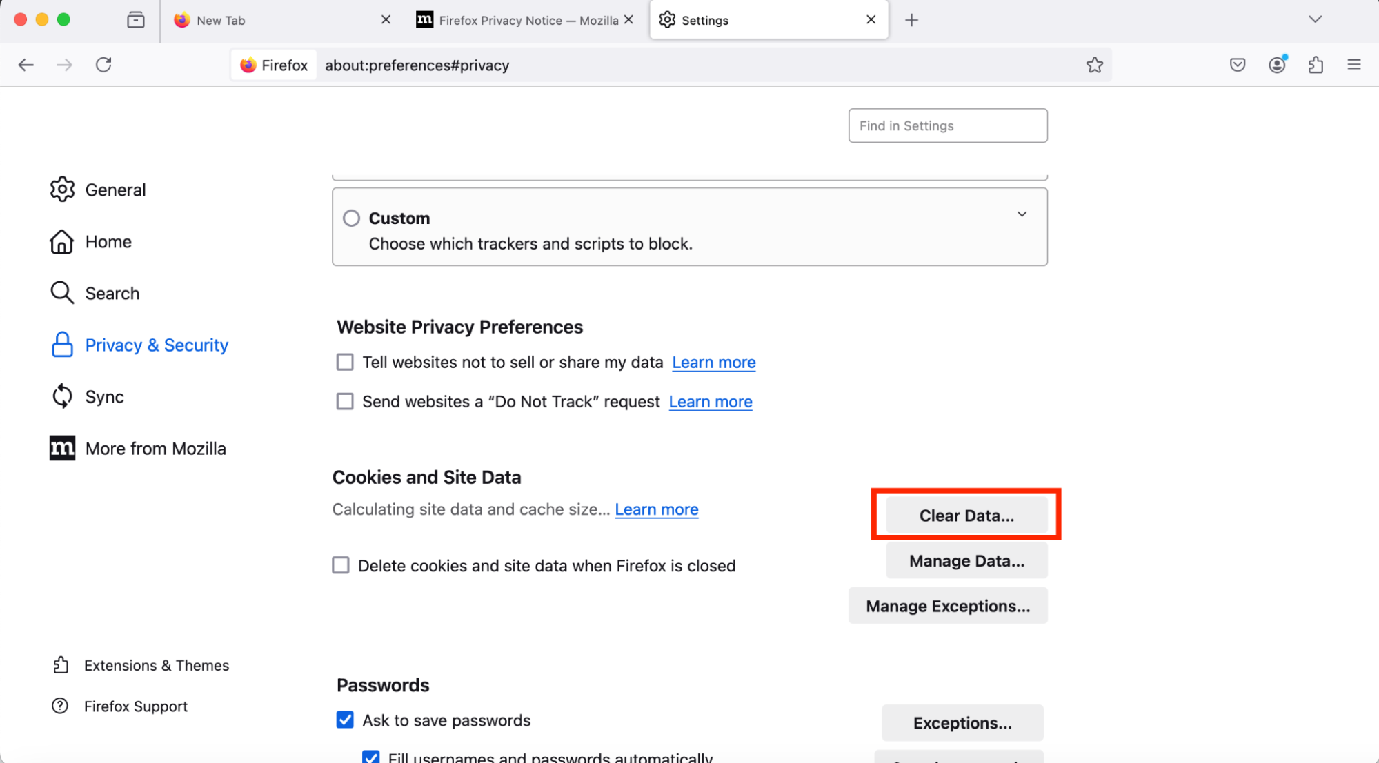 A screenshot of Firefox's Privacy & Security tab showing how to clear data and remove malware from Mac. A screenshot of Firefox's Privacy & Security tab showing how to clear data and remove malware from Mac.