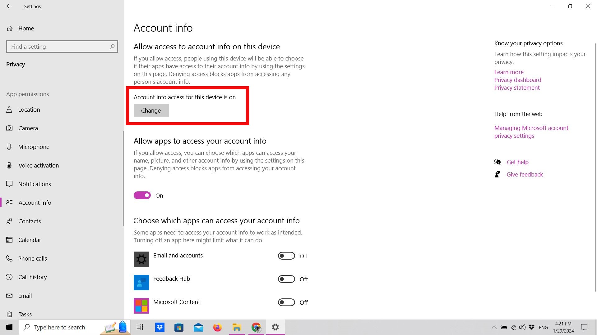 Account info settings Account info settings