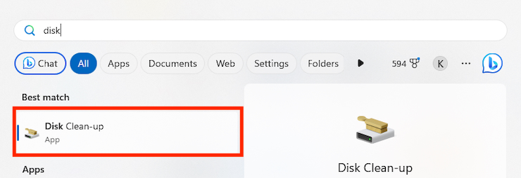 Windows shows the search function in the Start menu. Find and open Disk Clean-up to remove temporary cache files. Windows shows the search function in the Start menu. Find and open Disk Clean-up to remove temporary cache files.