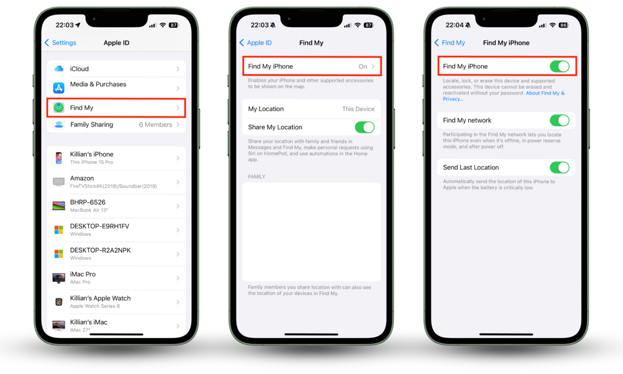 The Find My menu in Settings on iPhone. First, tap your name in the Settings app, then select Find My, then enable Find My iPhone. This will enable you to track your device if it is ever stolen by hackers. The Find My menu in Settings on iPhone. First, tap your name in the Settings app, then select Find My, then enable Find My iPhone. This will enable you to track your device if it is ever stolen by hackers.