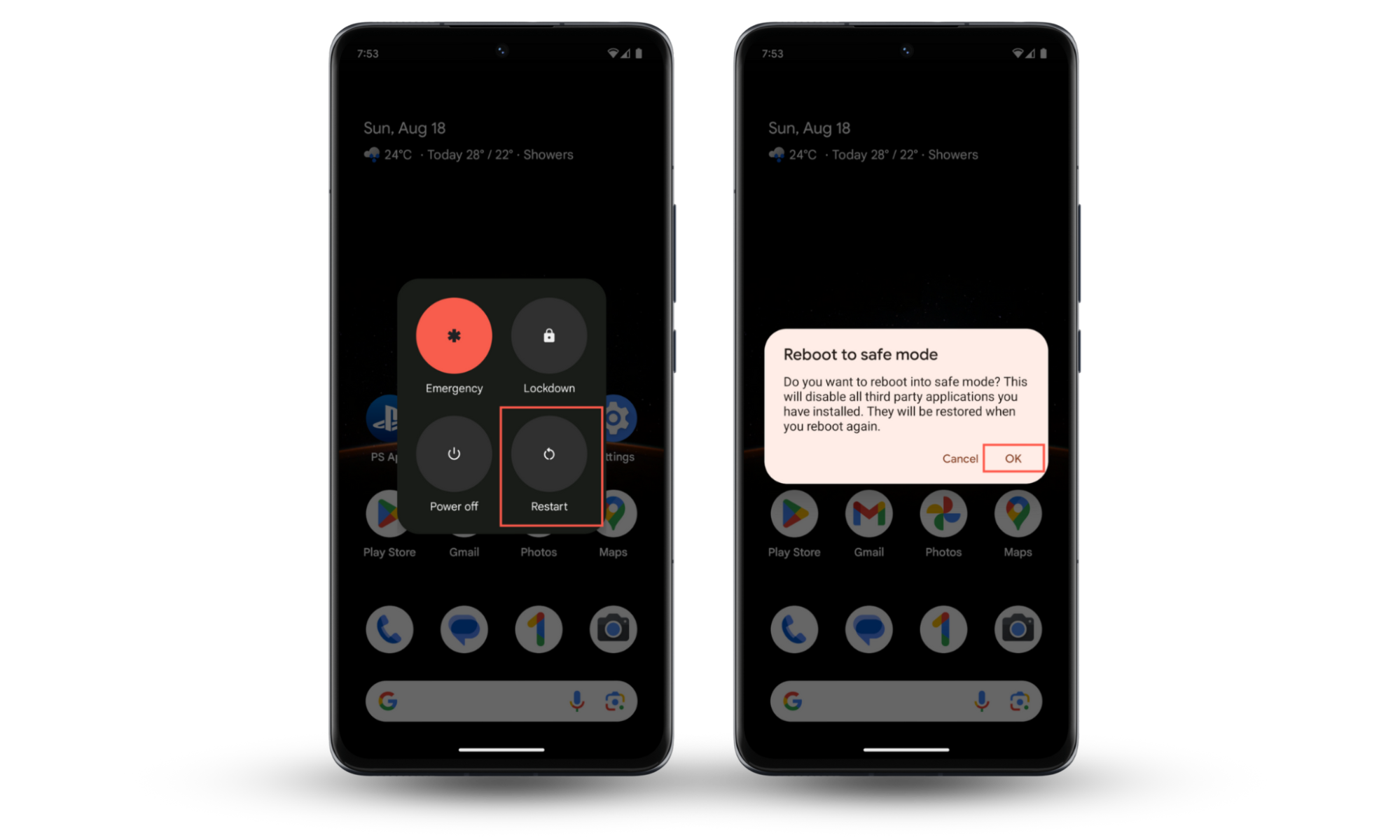 Screenshots that demonstrate how to boot an Android device into the special Safe Mode environment if your phone keeps glitching. Screenshots that demonstrate how to boot an Android device into the special Safe Mode environment if your phone keeps glitching.